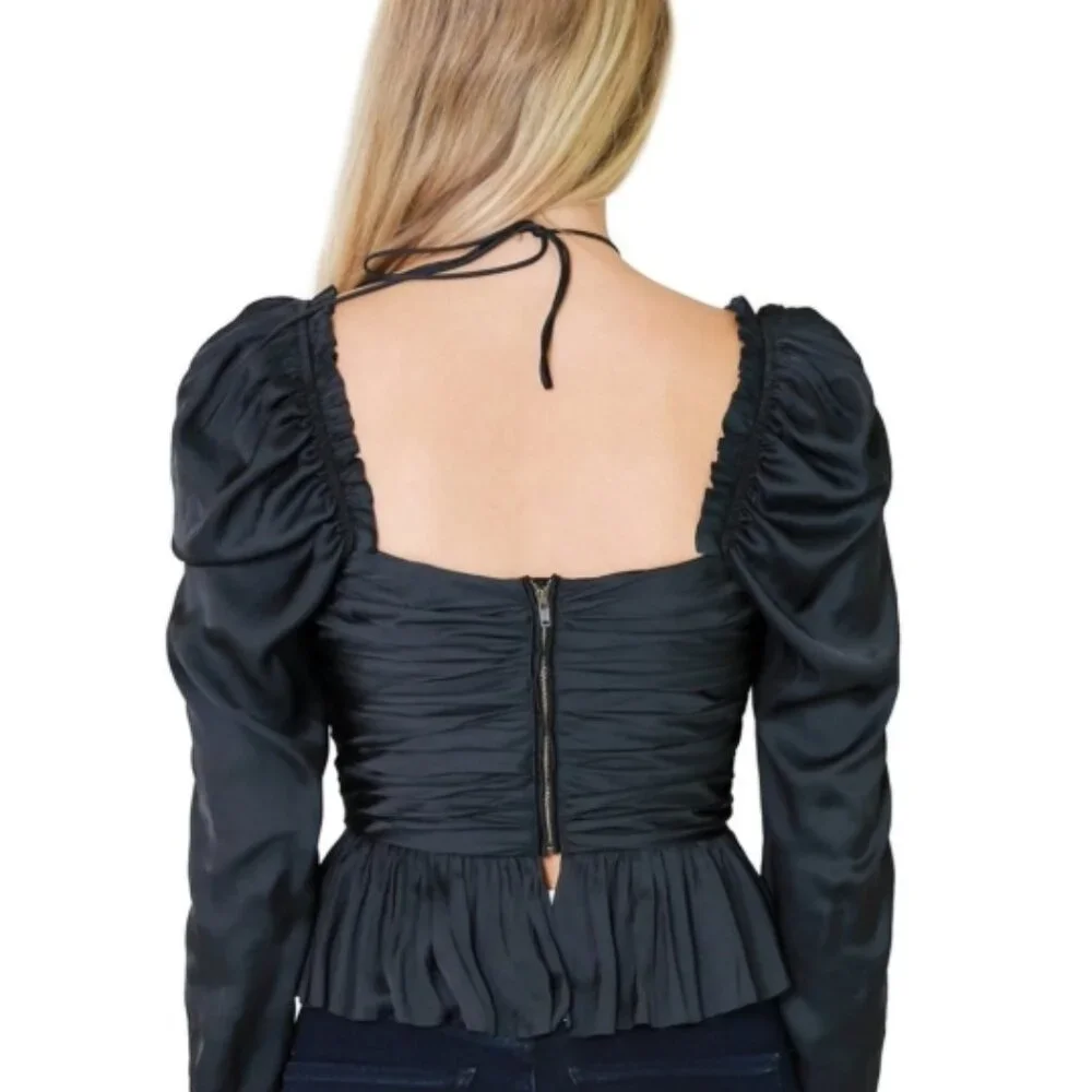 NWOT Ulla Johnson Mirelle Black Ruched Peplum Noir Blouse M $395